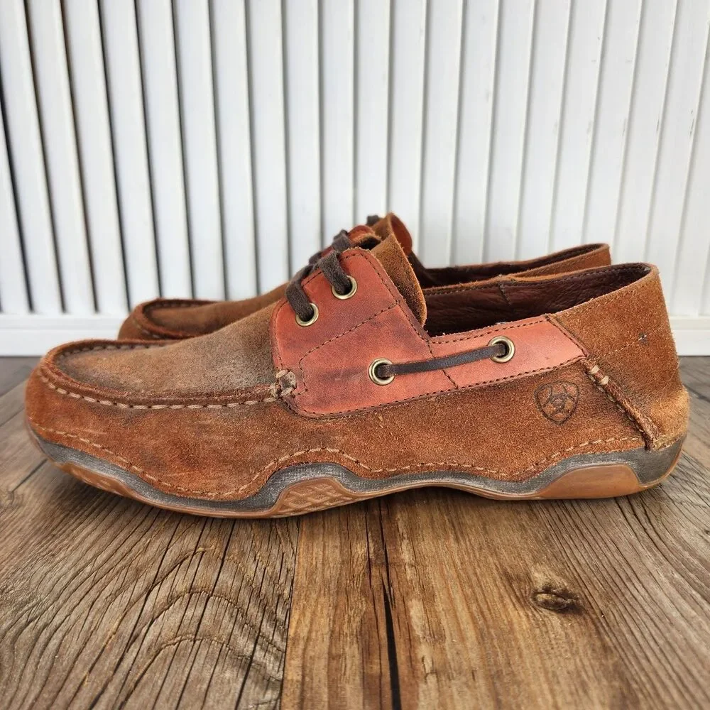 Ariat Caldwell Boat Shoes Mens 9 EE Wide Brown Suede Western Moc Toe Deck Shoes